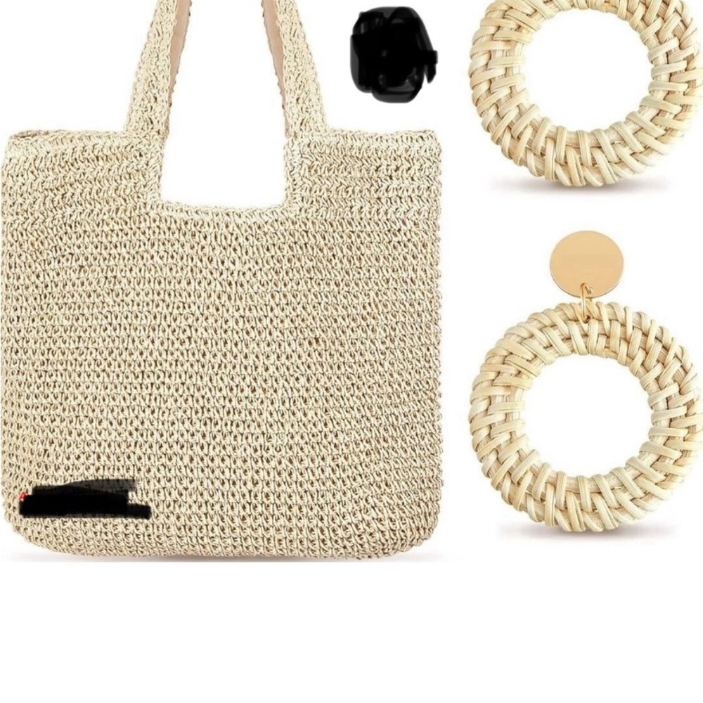 Amylove straw beach tote with rattan earrings